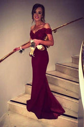 Charming Burgundy Mermaid Off Shoulder Long Prom Dresses, Party Dress